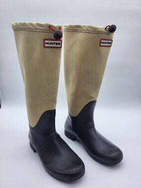 Hunter Beige Canvas & Brown Rubber Tall Rain Boots with Red Logo Trim